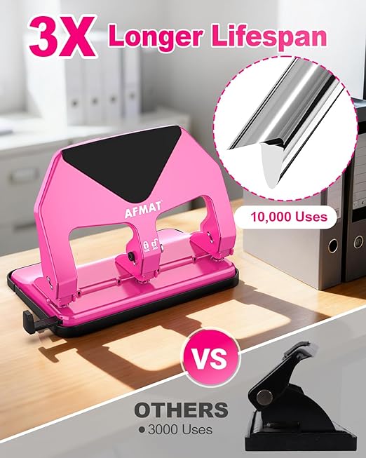 AFMAT HP20 Heavy Duty 3 Hole Punch, 60% Reduced Effort, 50-Sheet 3 Hole Puncher for Binder, 10,000+ Uses, Metal Three Hole Punch for Home Office School, w/Large Chip Tray, Paper Guide