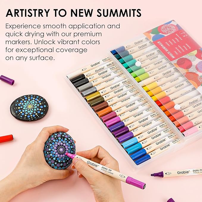 Grabie 36 Dual Tip Acrylic Paint Markers, Acrylic Paint Pens, Fabric Markers for Fabric, Canvas, Rock, Glass, Wood, Paper, DIY, Canvas DIY Art Supplies Kit, Set of 36