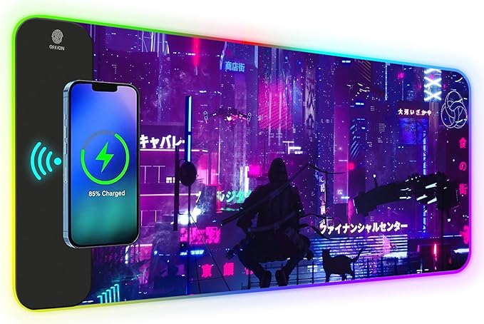 RGB Mouse Pad with 15W Wireless Charging, Purple Anime Neon Extended Large LED Gaming Mouse Pad Non-Slip Rubber Base, 10 Light Modes Desk Pad for Home Office-Warrior Cat