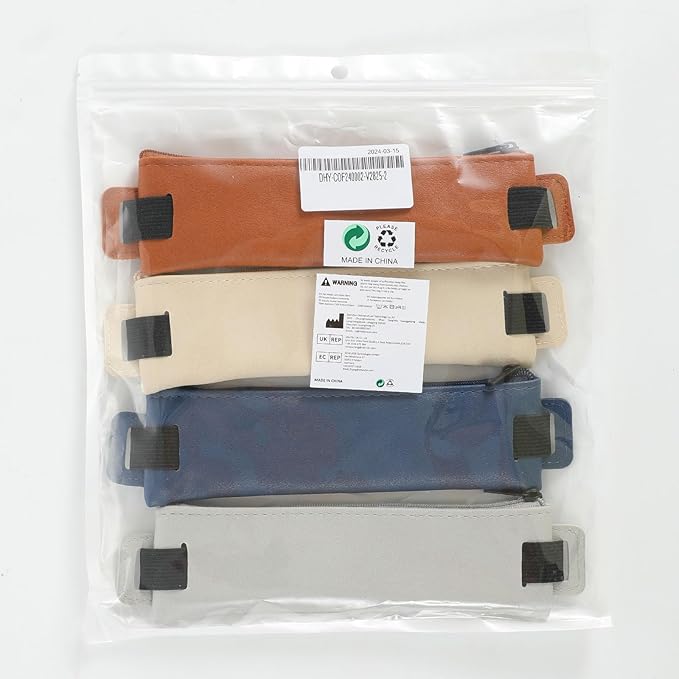 MoKo Elastic Pen Holder for Notebook, 4 Pieces PU Leather Pencil Case with Adjustable Band, Stationery School Supplies Zipper Bag for Planners, Journals, Book