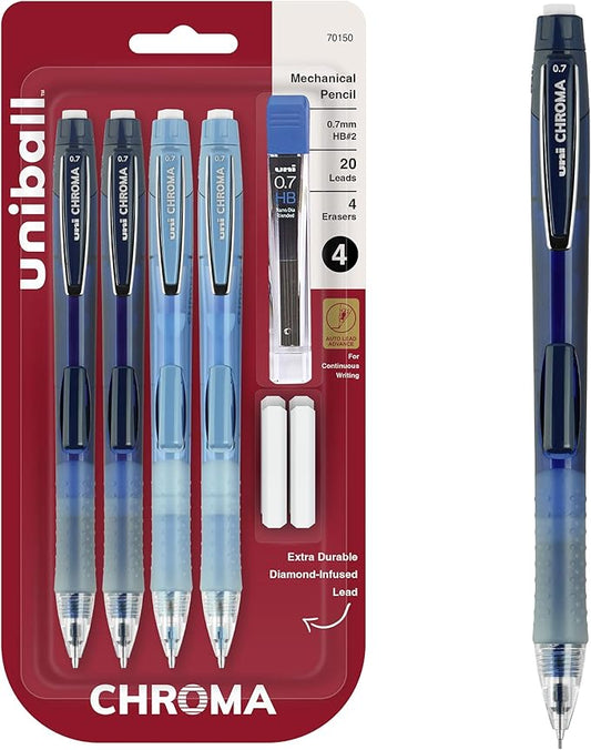 uniball Chroma Mechanical Pencil Woth Leasd and Eraser Refills, 0.7 Mm, Hb (#2), Black Lead, Assorted Barrel Colors, 4/Set