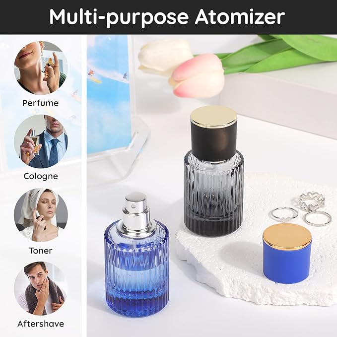 Segbeauty 1oz Glass Perfume Atomizer Empty 2Pack of 1pcs Blue Mini Perfume Bottle Refillable, 1pcs 30ml Black Cologne Travel Bottle, Portable Cologne Sprayer with Travel Refill Tools, Sample Bottles