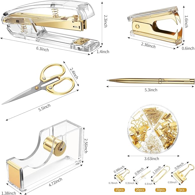 Office Supplies Set Desk Accessory Kit, Acrylic Stapler Set Staple Remover, Tape Dispenser, Binder Clips, Paper Clips, Ballpoint Pen and Scissor with 1000 Pieces 26/6 Staples (Gold)