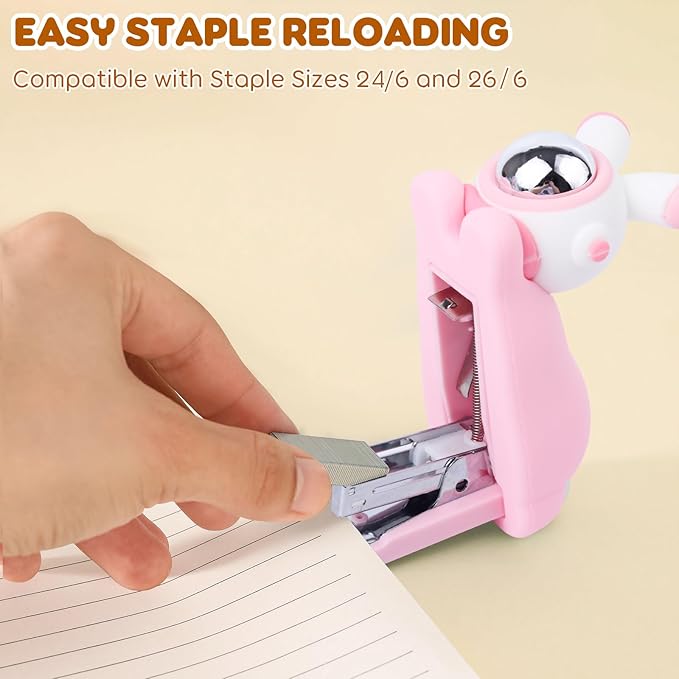 Honagu Cute Stapler, Cartoon Stereoscopic Silicone Stapler, Labor-Saving Office Supplies, Desktop Stationery Gift for Students Kids (Long Ear Pink)