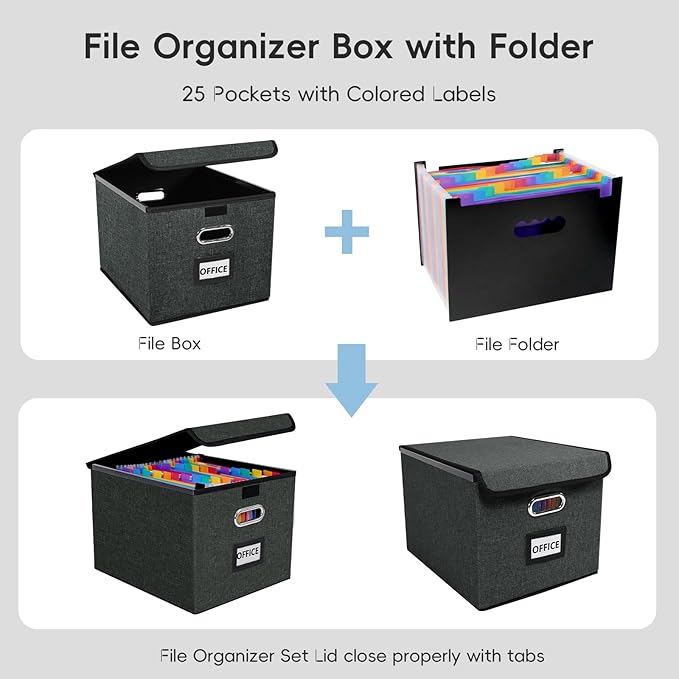 File Organizer Box with Folder, 25 Pockets Accordion File Organizer with Colored Labels, Upgraded & Portable File Folders for Home, Office, School, Dark Grey