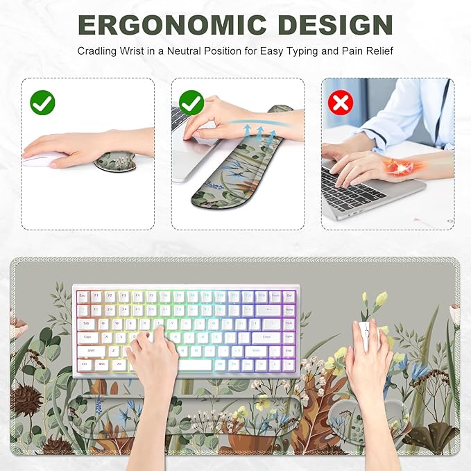 Keyboard Mouse Pad Set, Extended Gaming Mouse Pad +Keyboard Wrist Support +Mouse Wrist Rest +Coaster, 35.4x15.7 in XXL Large Ergonomic Desk Mat 4in1 Set for Home Office, Plant Flowers