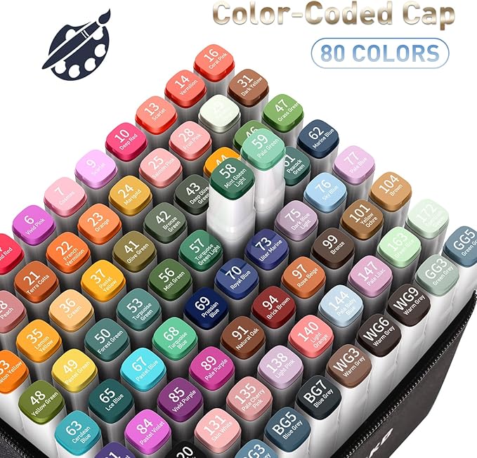 Alcohol Markers, 80 Colors Dual Tip Art Colored Markers for Adult Coloring Book, Painting, Drawing, Alcohol Based with Carrying Case for Adult Kids