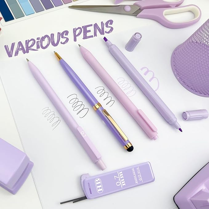 Purple Desk Accessories, 17Pcs Purple Office Supplies Set Include Mesh Desk Organizer, Stapler, Tape Dispenser, Staple Remover, Pen Holder, Clips, Pens, Ruler, for Office Home School Women