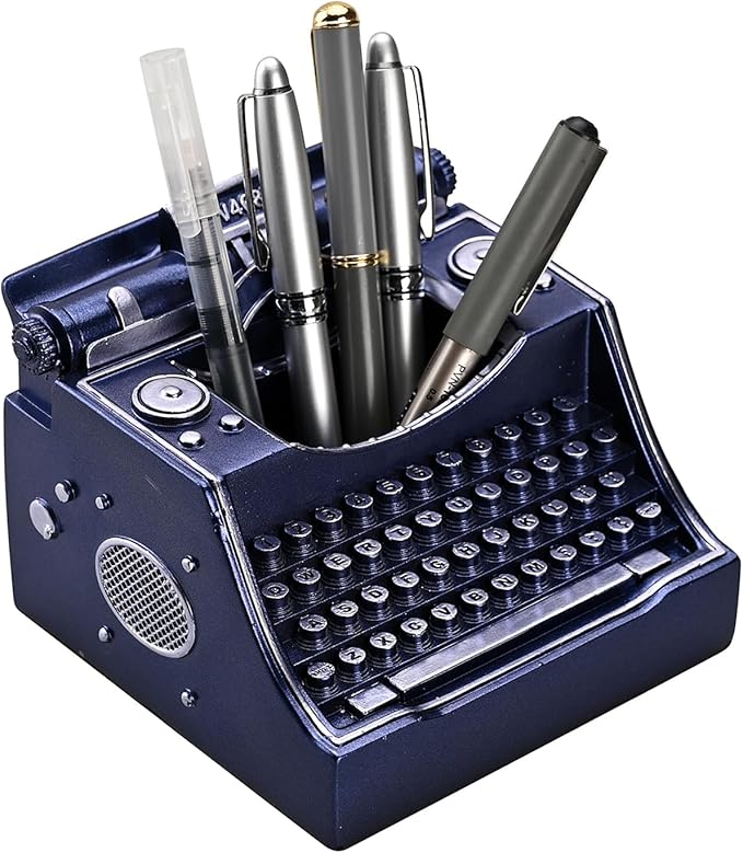 Retro Typewriter Pen Holder Vintage Desk Accssories Unique Cool Gifts for Writer Typewriter Lovers and Secretary Cute Funny Pencil Cups for Office Home School (Blue)