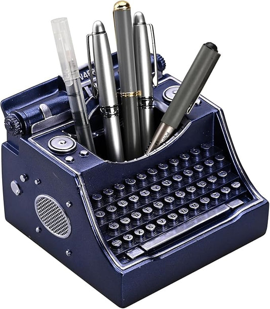 Retro Typewriter Pen Holder Vintage Desk Accssories Unique Cool Gifts for Writer Typewriter Lovers and Secretary Cute Funny Pencil Cups for Office Home School (Blue)