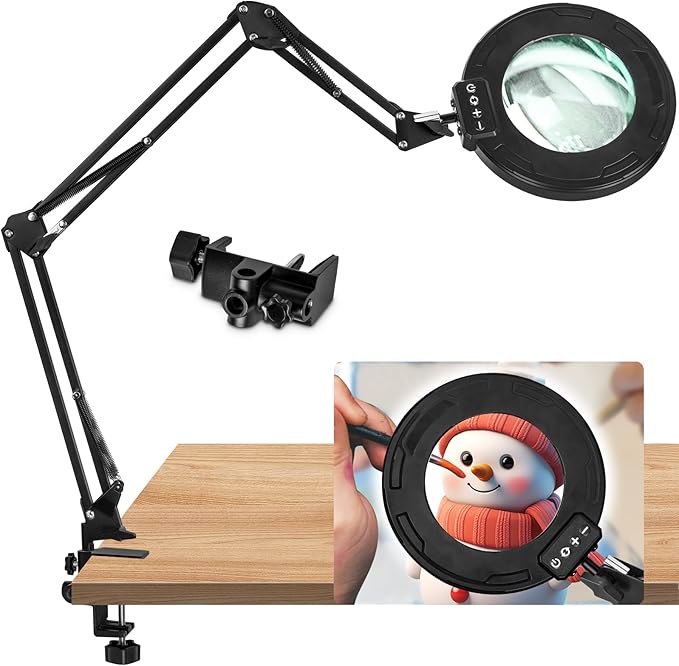 HITTI Ultra Long 12X Magnifying Glass with Light and Clamp, 5 Color Modes Steepless Dimming Desk Lamp, Swivel Arm Workbench Light, Hands Free Lighted Magnifier Stand for Craft Reading Soldering
