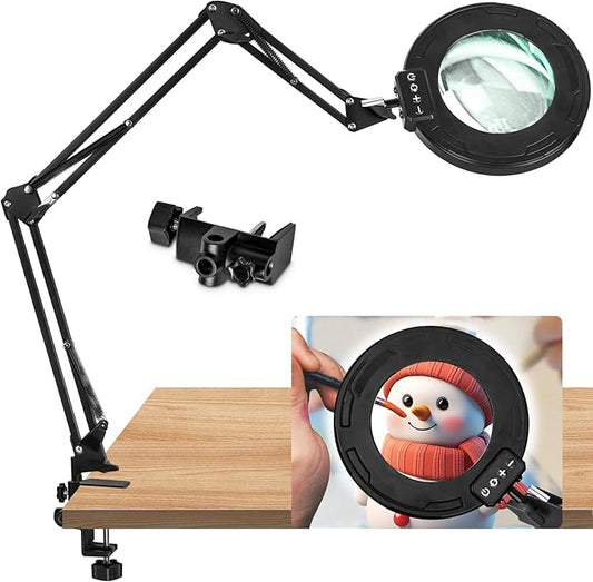 HITTI Ultra Long 12X Magnifying Glass with Light and Clamp, 5 Color Modes Steepless Dimming Desk Lamp, Swivel Arm Workbench Light, Hands Free Lighted Magnifier Stand for Craft Reading Soldering