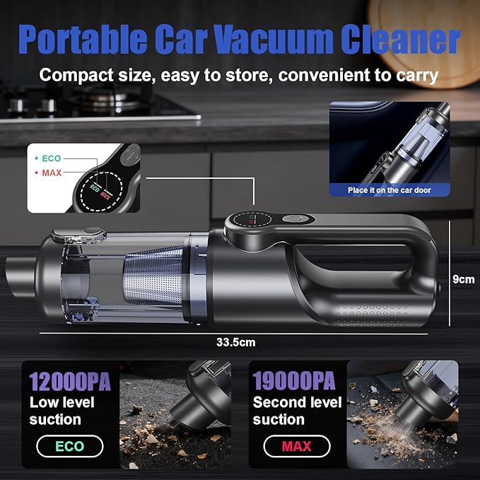 AOPIRDT Car Vacuum Portable Cordless-19000 Pa 4 in 1 Handheld Vacuum Cordless Brushless Motor with LED Light and Multi-Nozzles, One-Touch dust Removal for Car, Home, Office, Pet, Black