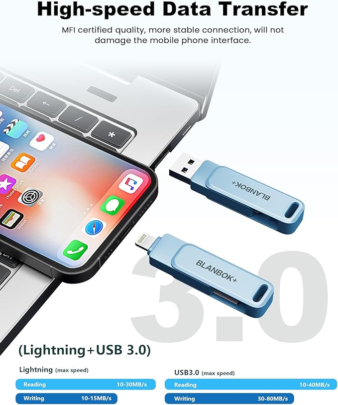 MFi Certified 256GB Flash Drive for iPhone Photo Stick, USB Memory Stick iPhone Flash Drive for Photos Videos, High Speed External Storage USB Stick Thumb Drive for iPhone/iPad/Android/PC(Sky Blue)