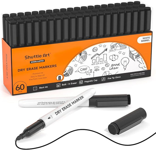 Shuttle Art Black Dry Erase Markers, 60 Pack Magnetic Whiteboard Markers with Erase,Fine Point Dry Erase Markers Perfect For Writing on Whiteboards, Dry-Erase Boards,Mirrors for School Office Home