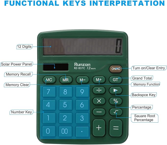 PATIKIL Desk Calculator, 12 Digits Large LCD Display Electronic Calculator Solar Battery Dual Power for Home Office Desktop, Green