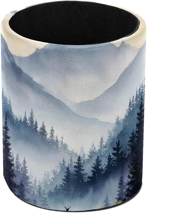 1 Pack Watercolor Mountain Deer Circular Pen & Pencil Holder - Durable PU Leather Pencil Cup, Desk Accessories Organizer for Office Desk School Home