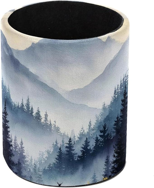1 Pack Watercolor Mountain Deer Circular Pen & Pencil Holder - Durable PU Leather Pencil Cup, Desk Accessories Organizer for Office Desk School Home