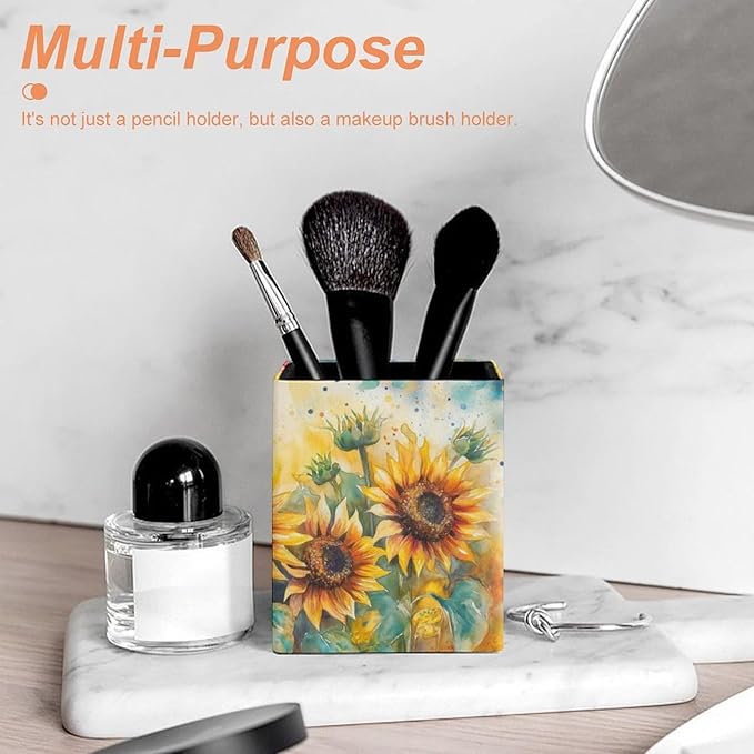 Square Pen Holder & Pencil Organizer for Desk - Office Storage Organizer, Markers/Makeup Brushes/Scissors Holder, Compact Desk Decor Accessories for Home Classroom School(Sunflower)