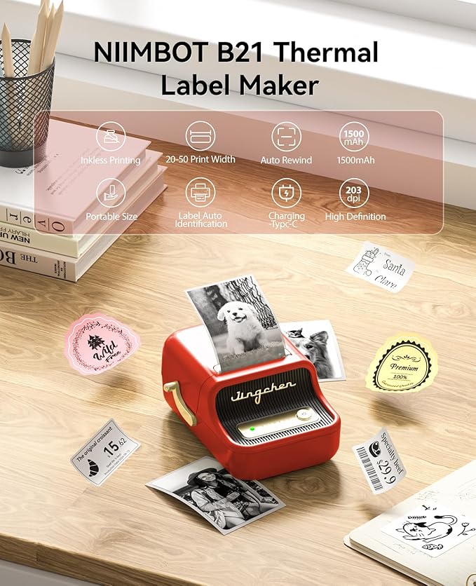 NIIMBOT B21 Label Maker, 2 Inch Portable Thermal Label Printer, Label Maker Machine with Tape, Compatible with Android, iOS & PC,Labeling for Home Storage Office and Small Business,Red
