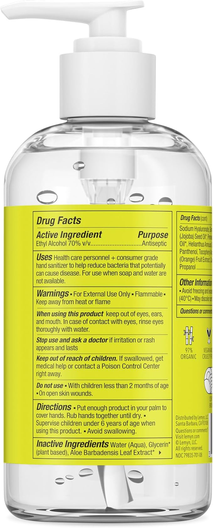 Medical Grade Hand Sanitizer Gel - 97% ORGANIC - 8 FL.OZ. with PUMP (PACK OF 4)