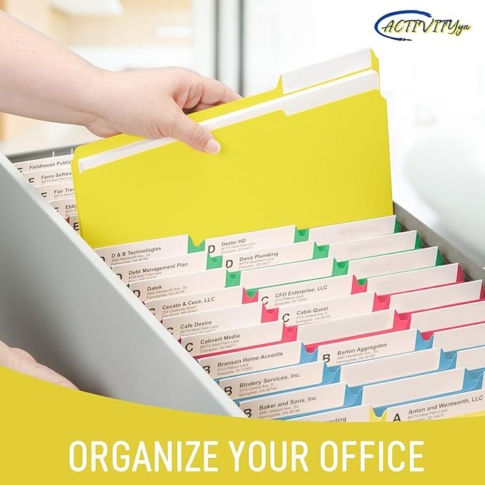Yellow File Folders, 1/3-Cut Tabs, Letter Size, 12-Pack – Durable Office Filing Folders for Documents, Papers, and Organization