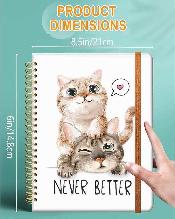 Ruled Spiral Writing Notebook,A5 Hardcover Lined College Journal for Women Lady Girl,Strong Twin-Wire Binding with Premium Paper,8.4" X 6",Perfect for School,Office,Home Gifts(cute cats)