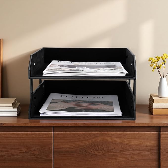 KINGFOM Letter Tray, Leather Paper Organizer Tray, Wooden Desk File Holder, Desktop File, Stackable Magazine Holder, Mail Sorter, Great for Home or Office - 2 Level Black