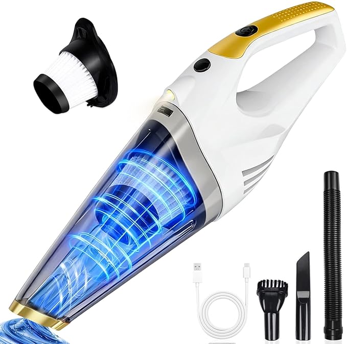 XGJUCE Handheld Vacuum Cordless,Car Vacuum Portable Cordless Rechargeable Hand Vacuum with LED Light, 6kpa Powerful Suction with Three Types of Suction Heads and Filters for Cat/Home/Office Cleaning