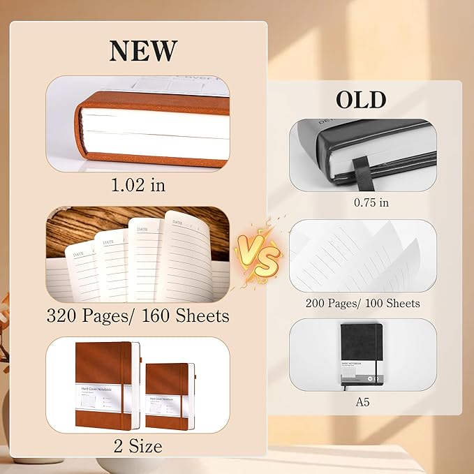 CAGIE Lined Journal Notebook for Men Women 320 Pages Leather Journals for Writing A5 Thick Hardcover Journaling Notebooks for Work Note Taking Diary, 5.7x8.3 in, Brown