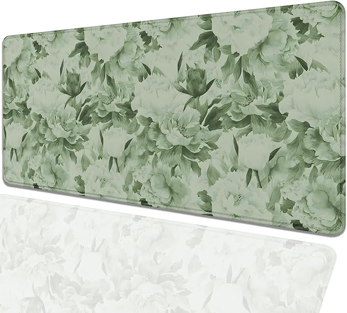 Sage Green Floral Desk Pad Extended Mouse Pad,Large Gaming Floral Mouse Mat with Stitched Edges,Non-Slip Rubber Base Mousepad for Office Computer Keyboard Laptop Home(27.5X11.8 in)