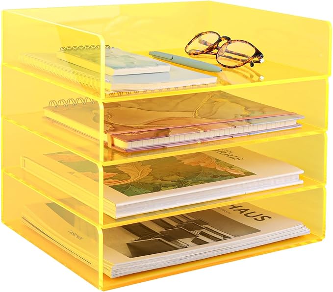 Acrylic File Organizer for Desk 4 Tiered Stackable Letter Tray Office Paper Storage Desktop Document Sorter, Neon Yellow
