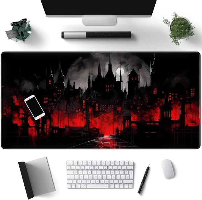 Black Castle Large Mouse Pad Red and Black Mousepad Gaming Playmat Game Mat, Big Full Keyboard and Mouse Pads Cool Desk Pad for Keyboard with Stitched Edges Anti-Slip Desk mat 31.5" X 15.7 "