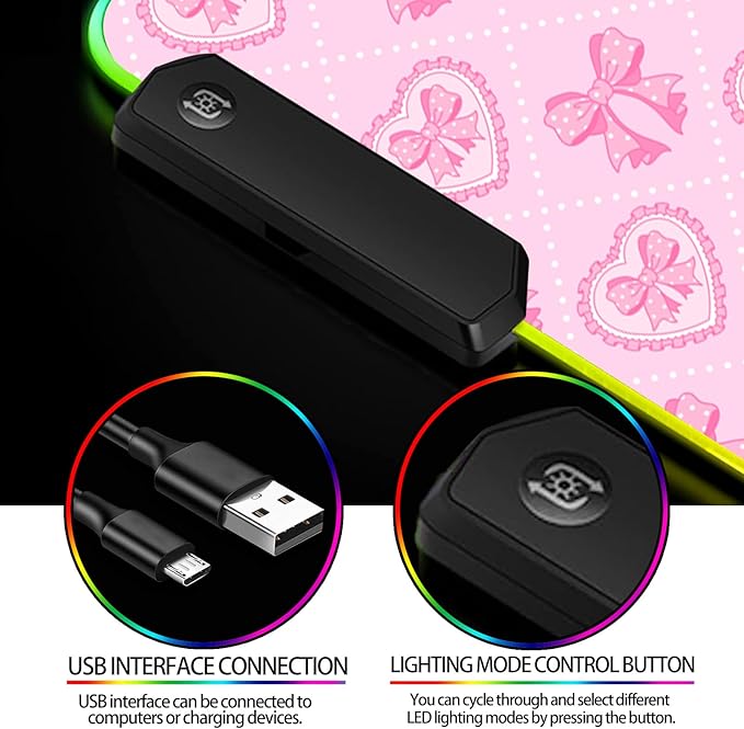 RGB Pretty Pink Love Bows Gaming Desk Mat, Computer Keyboard Large Extended Long Girly LED Mouse Pad for Office and Home, XL (W13)