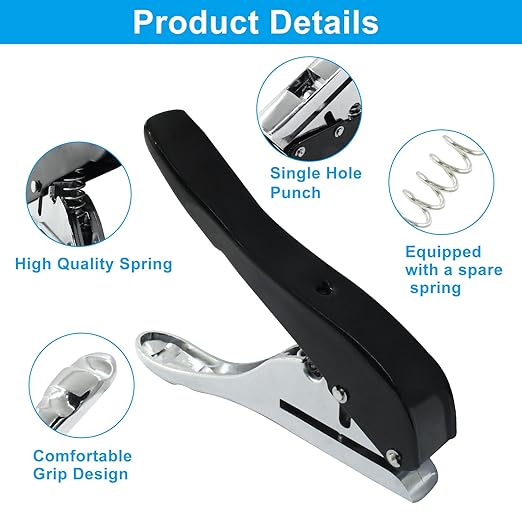 6 mm Single Hole Punch, Portable Hand Held Paper Hole Puncher, Black Long Hole Punch for Paper, Cards, Plastic