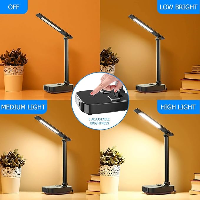 LED Desk Lamp with 4 USB Charging Ports and 2 AC Outlets,5ft Extension Cord Power Strip Station, 3 Level Brightness, Touch Dimmer Control, Office Table Eye Care Lamp Bedroom Hotel