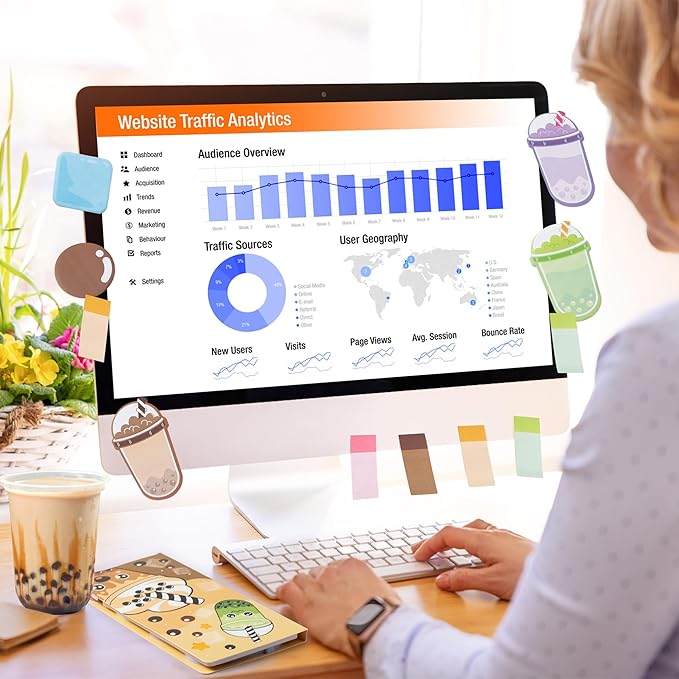 B1ykin Sticky Notes Set - Cartoon Theme Cute Self-Stick Notes Pad Teacher Appreciation Gifts， Self-Adhesive Writing Memo Pages Sticky to Do Notepad for Kids Employee School Office (Boba Tea)