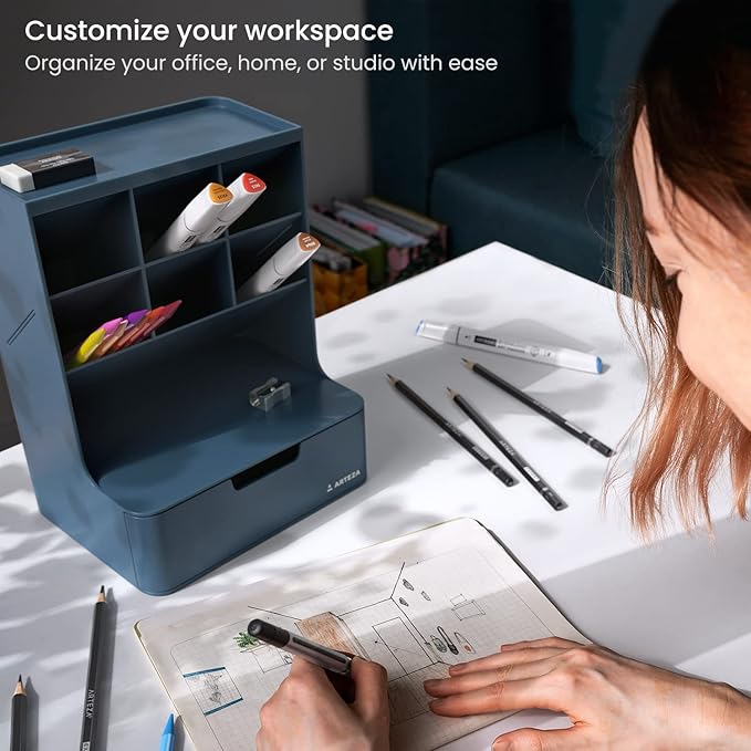 ARTEZA Desktop Pen and Marker Organizer – 6-Compartment Blue Holder with Drawer for Desk, Office, Makeup, and Art Supply Organization