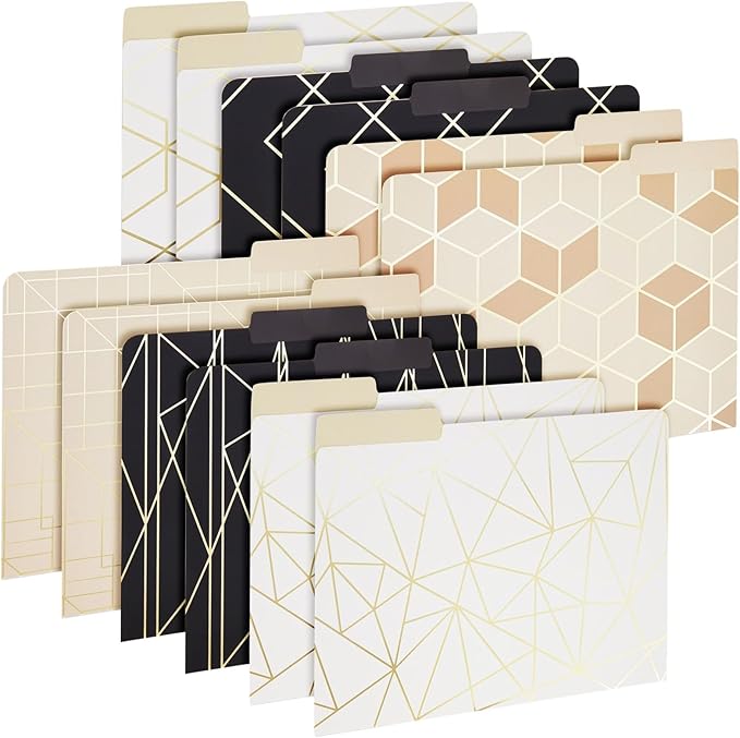 Paper Junkie 12-Pack Cute Geometric Gold Foil Decorative & Colored File Folders, Letter Size (9.5x11.5 in) - 1/3-Cut Tab File Folders for Office Supplies - Aesthetic Office Supplies