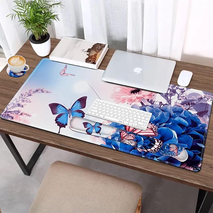 AIMSA Large Gaming Mouse Pad Set, Keyboard Wrist Rest Support Mouse Pad, Ergonomic Memory Foam Multifunctional Extended Desk Mat 35x15.7in Anti-Slip Rubber Base for Office Home, Butterfly Flower