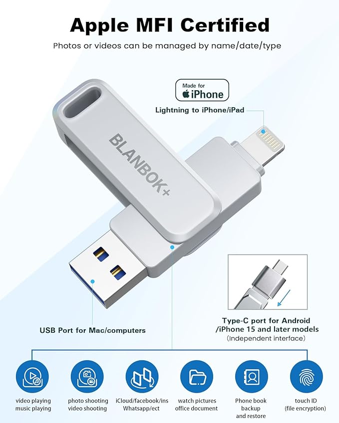 MFi Certified 128GB Photo Stick for iPhone Flash Drive,USB Memory Stick Thumb Drives High Speed USB Stick External Storage Compatible for iPhone/iPad/Android/PC