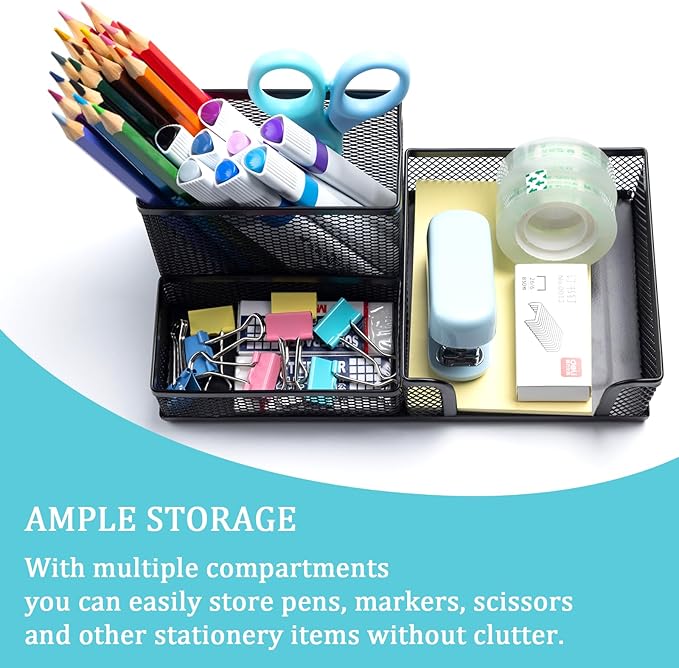 Black Mesh Pen Holder Desktop Organizers Pencil Holder for Desk 3 Compartments Metal Office Supply Organizer with Sticky Notes Holder for Office Desk Accessories