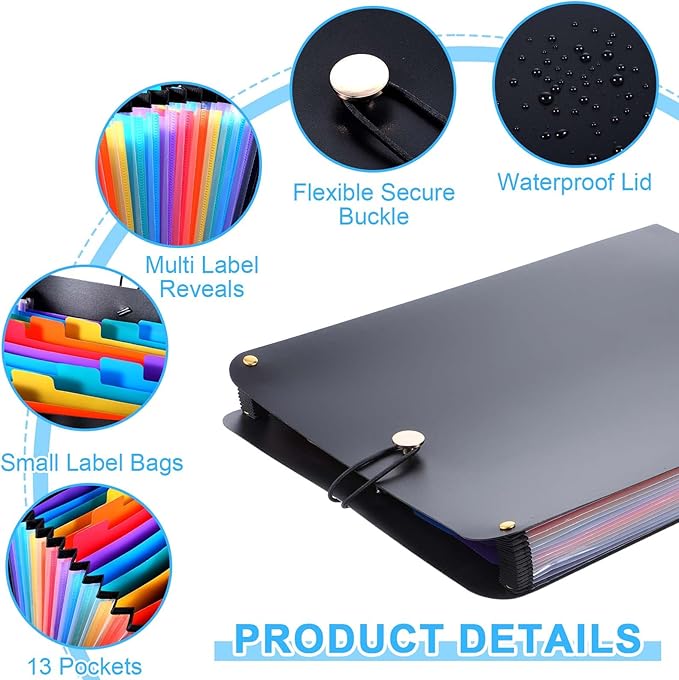 2 Pcs Expanding File Folder, 13 Pockets Vertical File Folder Accordion File Organizer, A4 Letter Size Paper Document Receipt Organizer Accordion Filing Folder for Classroom, Home, Office and Travel