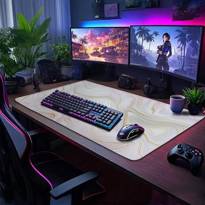 Marble Pattern Large Gaming Mouse Pad 31.5"x15.7"｜ Gold Topographic XXL Desk Mat, Non-Slip Rubber Base & Stitched Edges - Extended Waterproof Mousepad for PC/Laptop/Office/Home Decor