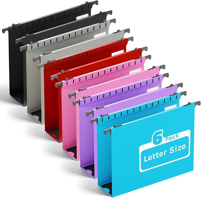 Ansook Plastic Expanding Hanging File Folders Letter Size,6 Pack Extra Capacity Hang Folder,Heavy Duty 2”Expansion,Filing Cabinet Folders,Insertable Tabs,for Office, School & Home,Assorted Colors