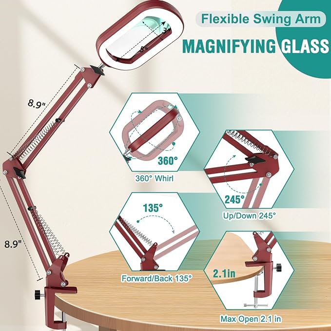 10X Rectangle Magnifying Glass with Light, 5 Color Modes Stepless Dimmable Magnifier with Stand, LED Lighted Clamp Desk Lamp with Swing Arm, Hands Free for Reading Painting Close Work - Red