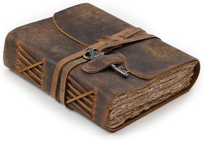 LEATHER VILLAGE Vintage Leather Journal – 200 Handmade Vintage Deckle Edge Paper – Leather bound Journal For Women Men – Vintage Key Closure - Book of Shadows - Cappuccino Brown - 10X7 inches