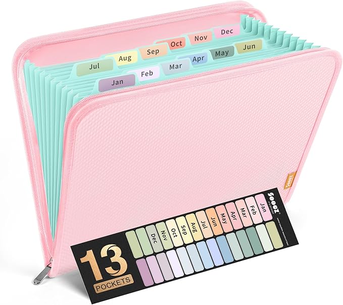 Sooez 13 Pocket Accordion File Organizer, Zipper Expanding File Folder Organizer, Reinforced Plastic Accordion Folder, A4 Letter Size, Portable Folders for Documents, Pink
