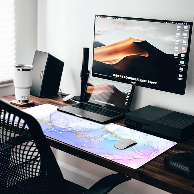 Extended Gaming Mouse Pad (31.5 X 11.8 in), Large Non-Slip Rubber Base Mousepad,Keyboard Mouse Mat Desk Pad for Work, Game, Office, Home - Blue Purple Rose Gold Marble