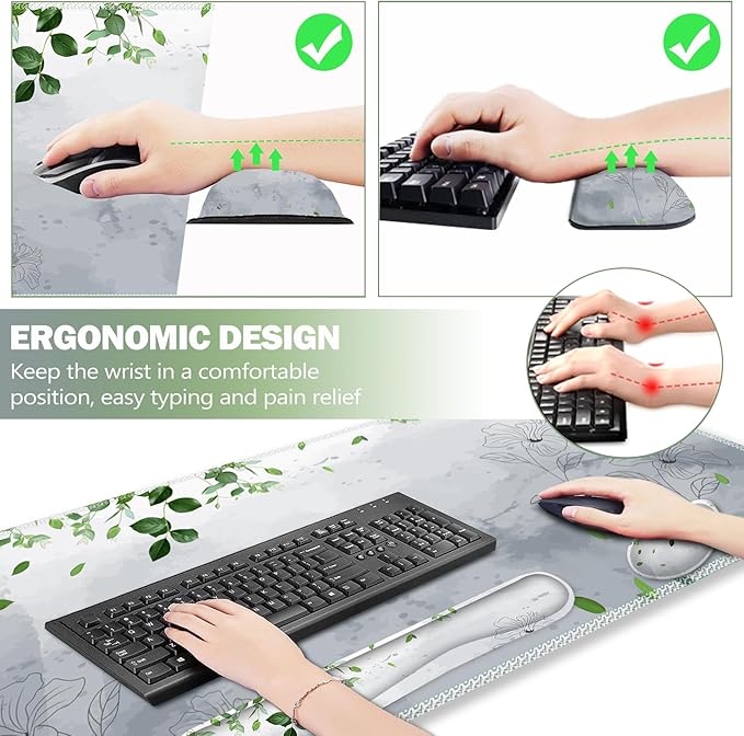 ARTSO Gaming Mouse Pad Wrist Support Set, XXL Large Desk Mat Mousepad + Keyboard Wrist Support+ Mouse Wrist Rest+Coaster 4in1 Ergonomic, Memory Foam -Green Leaves and Line Flower